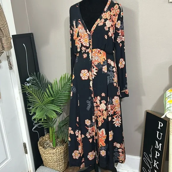 Free people Miranda dark floral midi dress boho button front Women’s size 4 - Picture 3 of 16
